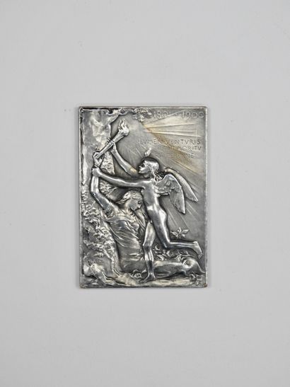 null Jeux Olympiques. Paris. Plaquette (5x3,5) de bronze dans son écrin; Avers: porteuse...
