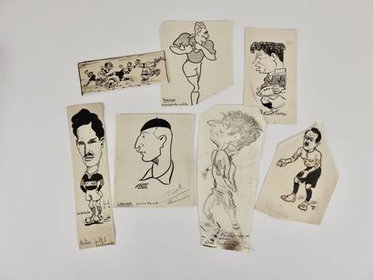 null Rugby. Caricatures de presse originales. Sept dessins à l'encre de Chine, signés...