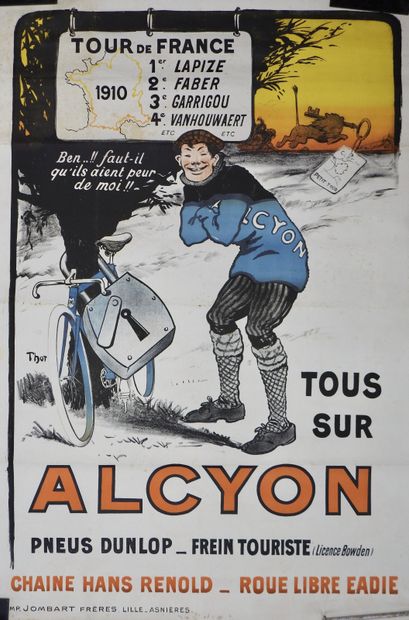 null Cyclisme / Alcyon / Lapize / Tour 1910 / Peugeot. Affiche originale non entoilée....