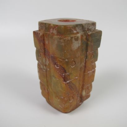 null Jade Cong Pillar, symbol of the earth. Nephrite. H 7cm. Two registers of masks...