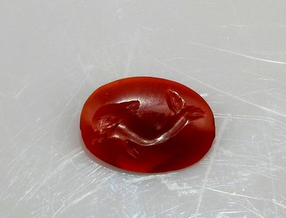 null Intaglio representing a dolphin

Carnelian 1.6 cm

Small chip on the edge of...