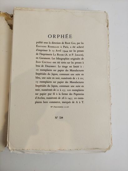 null 
Jean Cocteau : Orphée. Texte et lithographies de jean Cocteau. Rombaldi 1944. 

In-4...