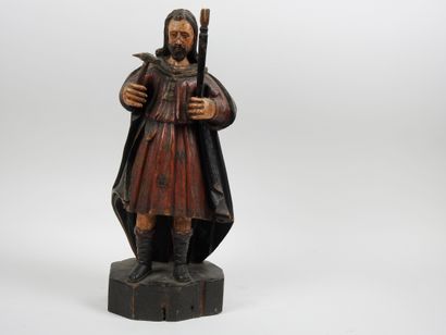 null Saint personnage en bois sculpté polychrome tenant ses attributs 

H 42 cm