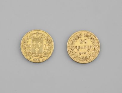 null Lot de 2 pièces or : 20 francs 1818 et 1831, poids : 12,8gr. brut.