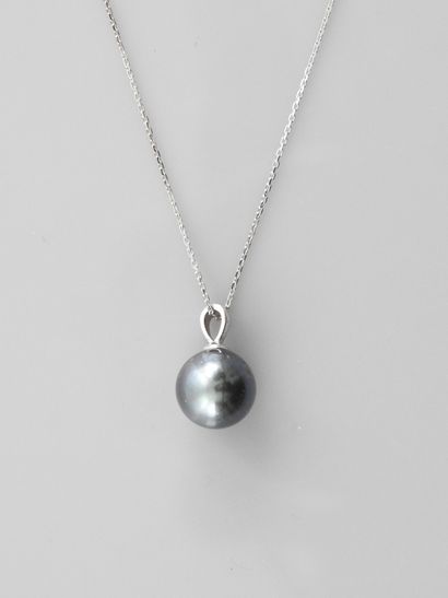 null Chaîne en or gris, 750 MM, portant une perle de culture de Tahiti, diamètre...