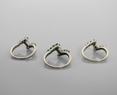 null Ring made of three two-gold V-rings, 750 MM, decorated with emeralds and diamonds,...