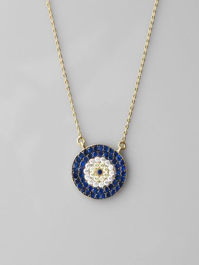 null Necklace in yellow gold, 585 MM, centered with a round pastille covered with...