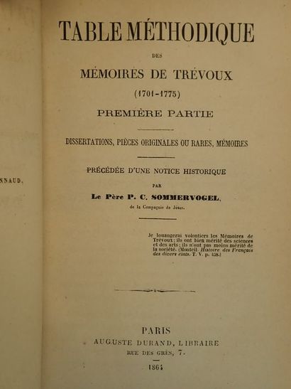 null Trévoux Sommervogel, Le Père P.C..Table méthodique des Mémoires de Trévoux (1701-1775)...
