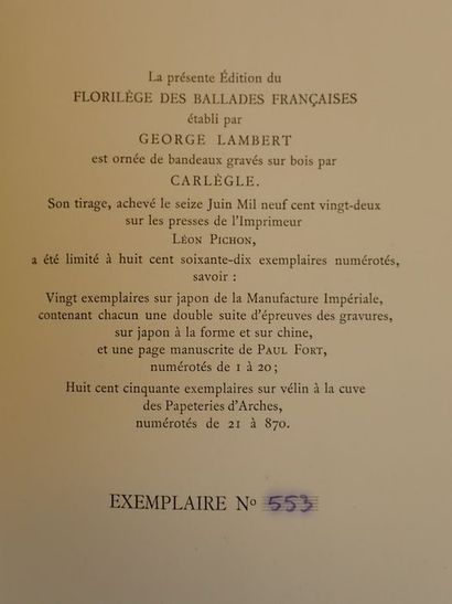 null Fort, Paul.Florilège des Ballades Françaises. Paris, Léon Pichon, 1922. In-8...