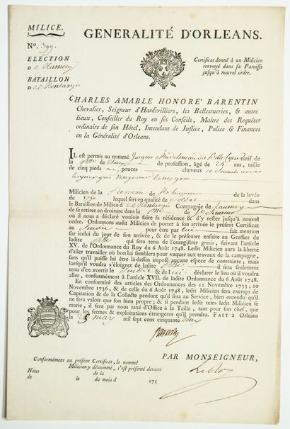 null LOIRET. 1752. BATTALION OF MONTARGIS (45). MILICE. Piece signed BARENTIN Lord...