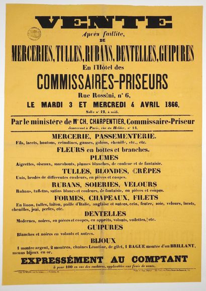 null (PARIS. Vente aux enchères Rue ROSSINI, 1866) - «VENTE, après faillite, de MERCERIES,...
