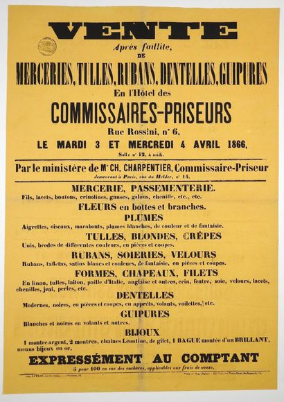 null (PARIS. Auction sale Rue ROSSINI, 1866) - "SALE, after bankruptcy, of MERCERIES,...