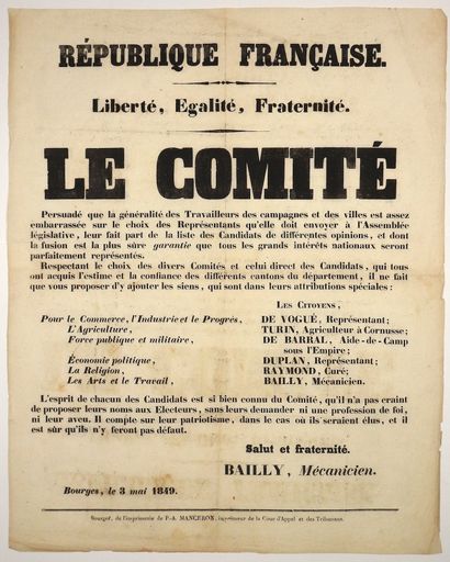 null CHER. «LE COMITÉ» (D'UNION NATIONALE). BOURGES le 3 mai 1849 - «Le Comité......