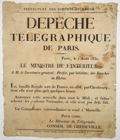 null LES TROIS GLORIEUSES. DÉPART DES BOURBONS. 1830. BOUCHES-DU-RHÔNE - « Dépêche...