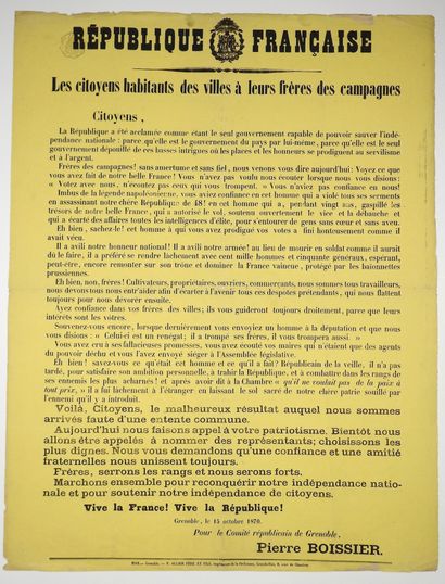 null GRENOBLE (Isère) 15 Octobre 1870. « RÉPUBLIQUE FRANÇAISE. LES CITOYENS Habitants...