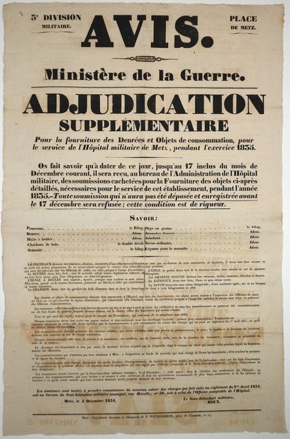 null MOSELLE. 1834. PLACE DE METZ 5 December 1834 - NOTICE from the War Ministry....