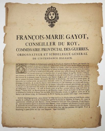 null ALSACE. POWDER SEIZURE. PLACARD. Opinion of François-Marie GAYOT, King's Counsellor,...