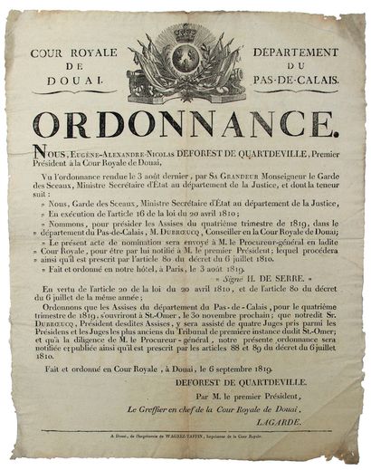 null PAS-DE-CALAIS. 1819. COUR ROYALE DE DOUAI (NORD) - Ordonnance de DEFOREST DE...