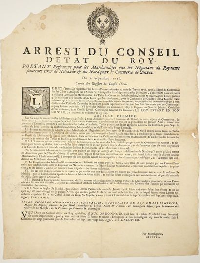 null «LIBERTÉ DU COMMERCE SUR LES CÔTES D'AFRIQUE» 1728. (CHAMPAGNE) - «Arrêt du...