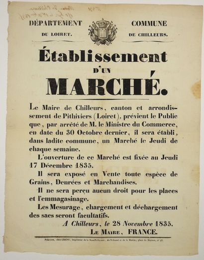 null LOIRET. 1835. Commune of CHILLEURS - "Establishment of a MARKET. ... on the...
