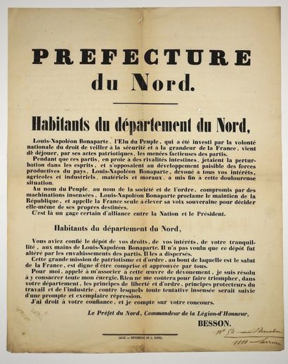 null NORD - LOUIS-NAPOLÉON-BONAPARTE : COUP D'ÉTAT DU 2 DÉCEMBRE 1851 - Adresse du...