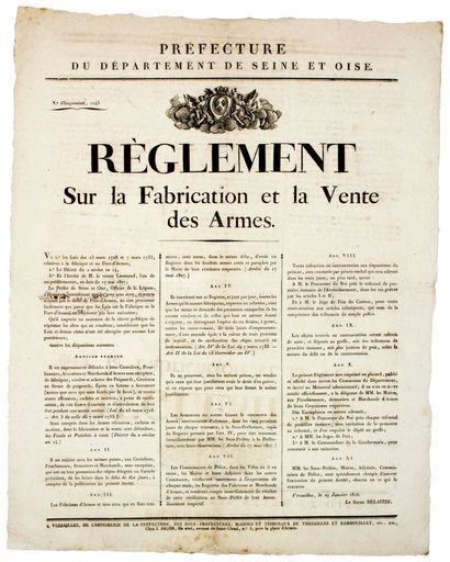 null SEINE ET OISE. 1816. «Règlement sur la FABRICATION ET LA VENTE DES ARMES.» VERSAILLES...