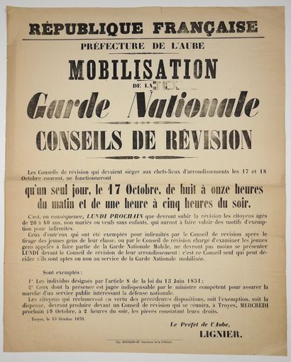null TROYES, le 13 Octobre 1870 - Préfecture de l'AUBE. «MOBILISATION DE LA GARDE...