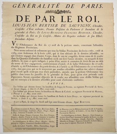 null RÉGIMENTS PROVINCIAUX DE LA GÉNÉRALITÉ DE PARIS. 1772 : Ordonnance concernant...