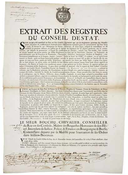 null BOURGOGNE & BRESSE. 1673. MANUFACTURE des ÉTOFFES. FRAUDE - Extrait des Registres...