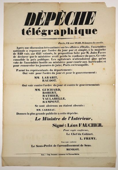 null YONNE. TELEGRAPHICAL DISPATCH signed Léon FAUCHER Minister of the Interior -...