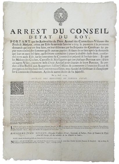 null DAUPHINÉ & SAVOIE. 1704. WEIGHTS & MEASUREMENTS - "Arrest of the Council of...