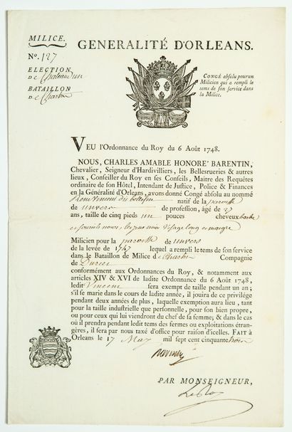 null BATAILLON DE CHARTRES (28). MILICE. 1753. Pièce signée BARENTIN Seigneur d'Hardivilliers,...