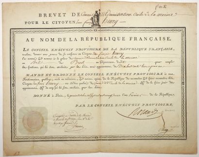 null MARINE. 1792. BREST. ROLAND & MONGE - BREVET de Commis d'administration Civile...