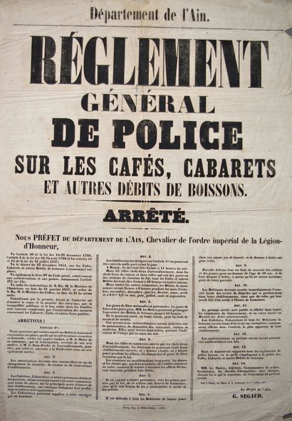 null DÉPARTEMENT DE L'AIN. 1858. DÉBITS DE BOISSONS - «Règlement général de police...