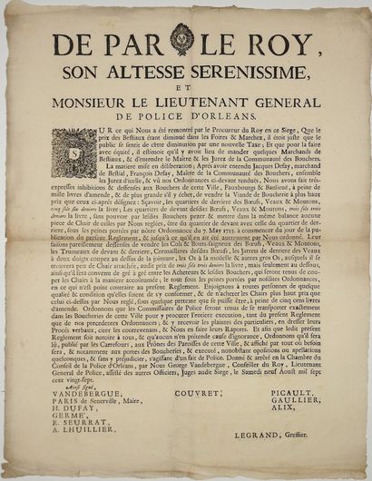 null POLICE D'ORLÉANS (45). 1727. BOUCHERIE. «De par le Roy, son altesse Sérénissime,...
