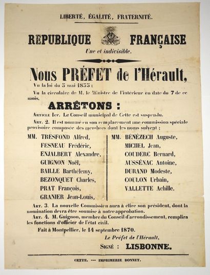 null HÉRAULT. CETTE (Sète) - Order of the Prefect of the Hérault: LISBONNE, Done...