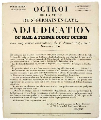 null YVELINES. 1826. “OCTROI de la Ville de ST-GERMAIN-EN-LAYE.” - “Adjudication...