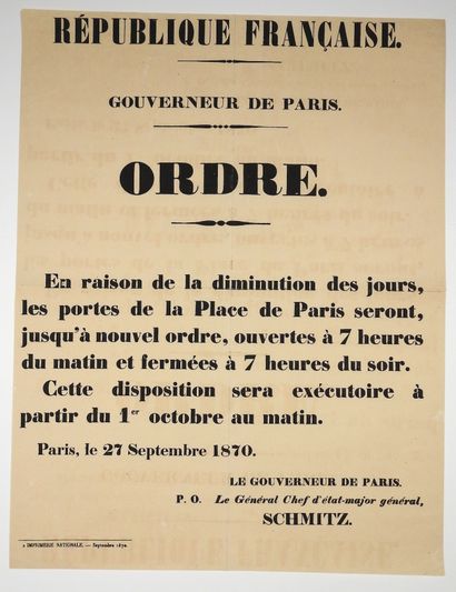null (GOVERNMENT OF NATIONAL DEFENCE 1870) - GATES OF PARIS - ORDER OF THE GOVERNOR...