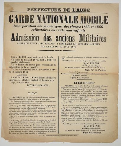 null (AUBE). MOBILE NATIONAL GUARD. Incorporation of young men of the 1865 and 1866...