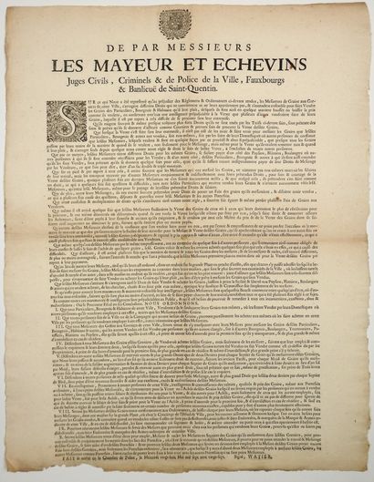 null (AISNE) 1727. GRENIERS DE SAINT-QUENTIN - Order "By Messrs Les Mayeur and Echevins,...