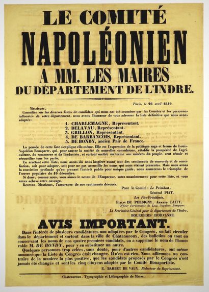 null INDRE. 1849. "LE COMITÉ NAPOLÉONIEN", A MM. LES MAIRES DU DÉPARTEMENT DE L'INDRE...