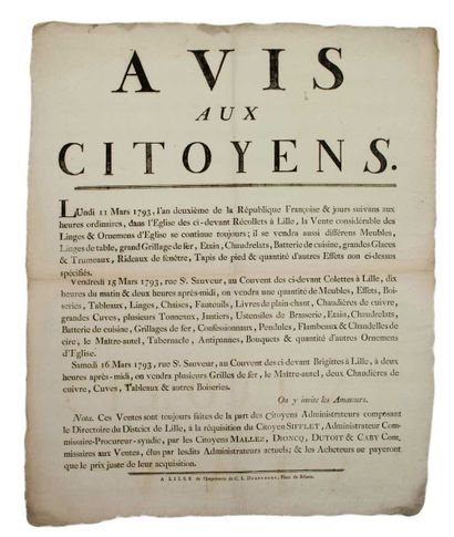 null (NORD. 1793. VENTE DES BIENS DES ÉGLISES DE LILLE, suite à l'Abolition du Clergé...