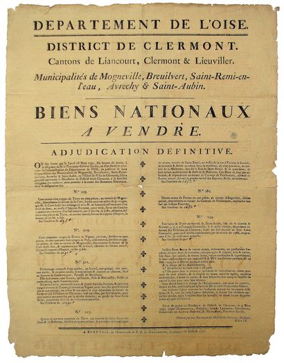 null OISE. 1791. District de CLERMONT. ADJUDICATION DE BIENS NATIONAUX. «Département...