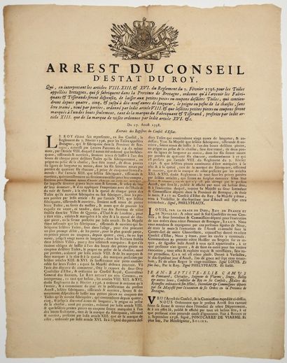 null ILLE-ET-VILAINE. 1738. TOILES DE BRETAGNE - «Arrest du Conseil d'Etat du Roy,...