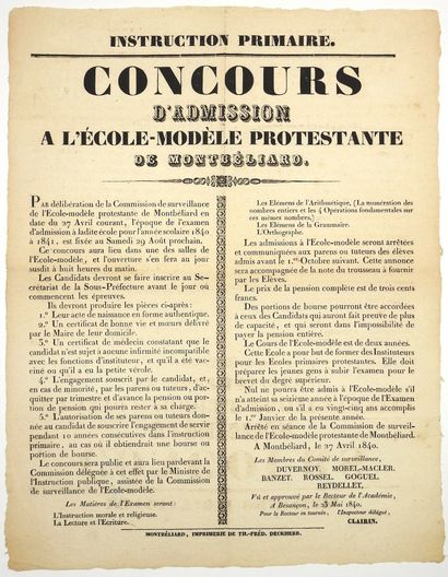 null MONTBÉLIARD (Doubs). 1840. PROTESTANT. INSTRUCTION PRIMAIRE - “CONCOURS d'admission...