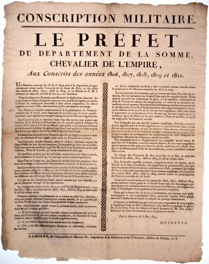 null SUMMER. EMPIRE. 1809. MILITARY CONSCRIPTION. Done at AMIENS on 3 May 1809. Address...