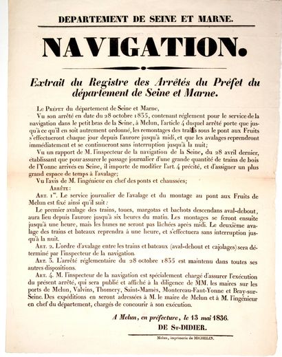 null SEINE-AND-MARNE. 1836. NAVIGATION. FLOATED WOOD. Printed in MELUN, Imprimerie...