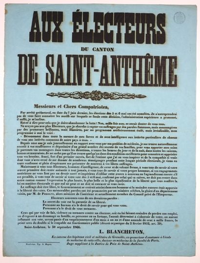 null PUY-DE-DÔME (SAINT-ANTHÈME) 1866. AUX ÉLECTEURS DU CANTON DE SAINT-ANTHEME -...