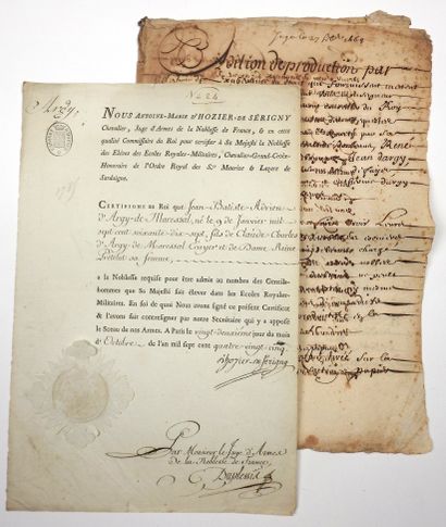 null ROYAL MILITARY SCHOOLS - Certificate of Nobility for Jean-Baptiste-Adrien d'ARGY-DE-MARESSAL...