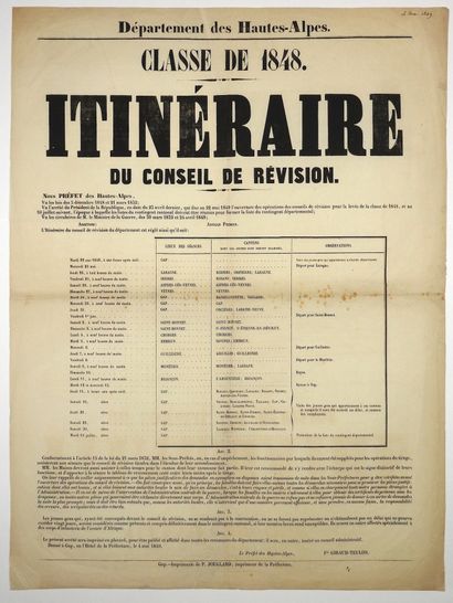 null HAUTES-ALPES. CONSCRIPTION 1849 - GAP, le 4 mai 1849 - CLASSE DE 1848. ITINÉRAIRE...